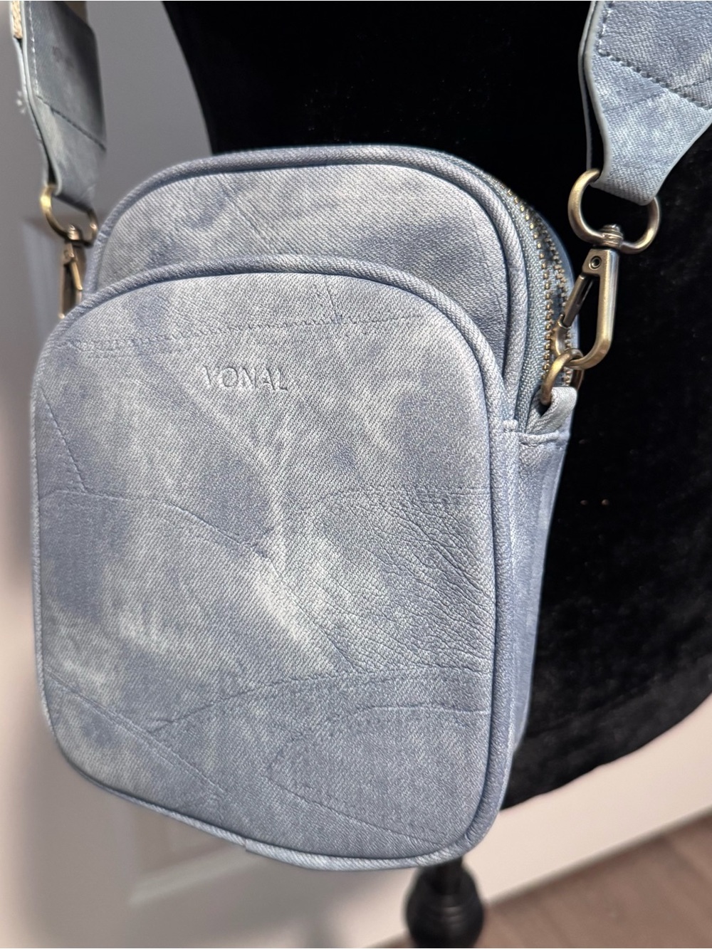 Vonal Light Blue denim like material Crossbody Bag triple entry
